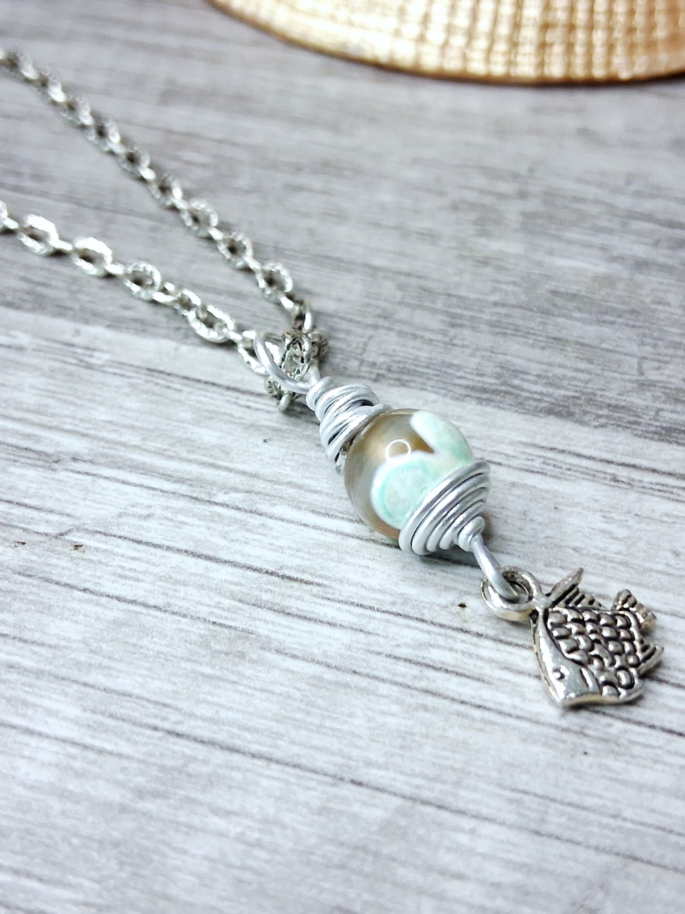 Silver Wire-Wrapped Choker Necklace with Agate Bead and Fish Charm